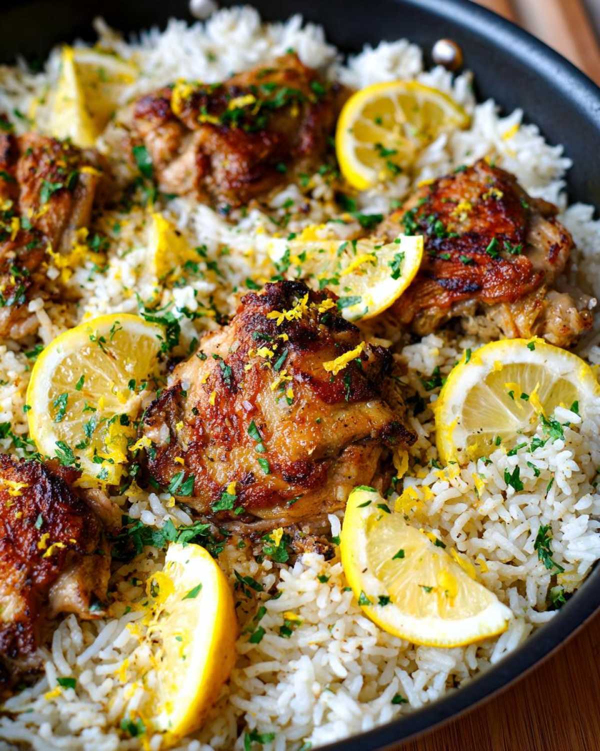 Close-up of One-Pot Chicken and Rice with Lemon and Herbs, featuring browned chicken thighs over white rice, garnished with lemon slices.