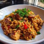 A close-up of a bowl filled with flavorful One-Pot Chicken Jambalaya, featuring rice, chicken, and sausage, garnished with parsley.