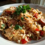 A close-up of a bowl filled with One-Pot Chicken Jambalaya, featuring rice, chicken, sausage slices, and parsley garnish.