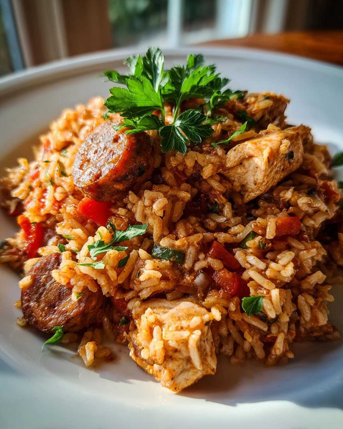 A close-up of a serving of One-Pot Chicken Jambalaya, featuring rice, chicken chunks, sausage slices, and parsley garnish.