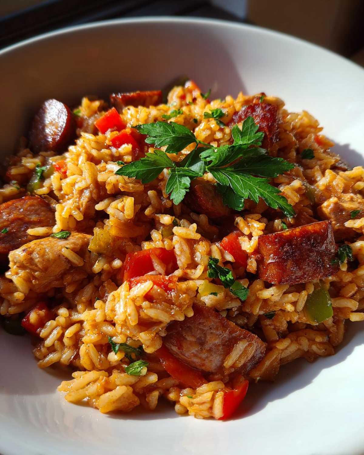 Close-up of a hearty bowl of One-Pot Chicken Jambalaya featuring rice, sausage, chicken, and bell peppers, garnished with parsley.