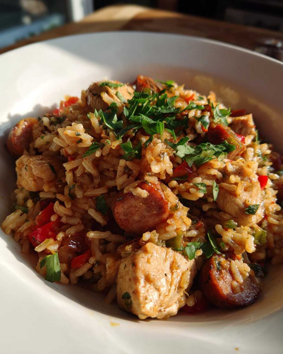 A close-up serving of flavorful One-Pot Chicken Jambalaya with chunks of chicken, sausage, and rice, garnished with fresh parsley.