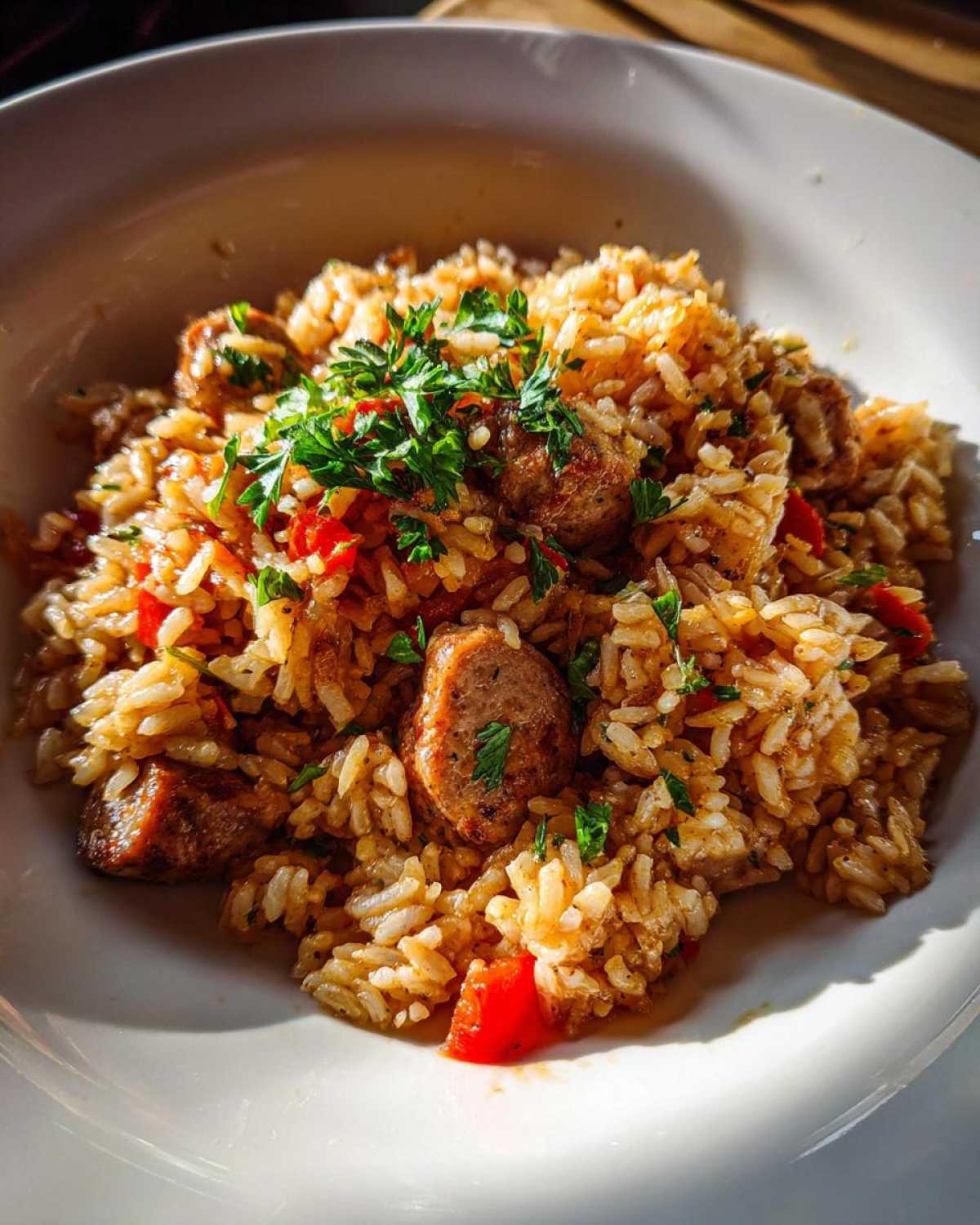 Close-up of a bowl filled with savory One-Pot Chicken Jambalaya, featuring rice, sausage pieces, and fresh parsley garnish.