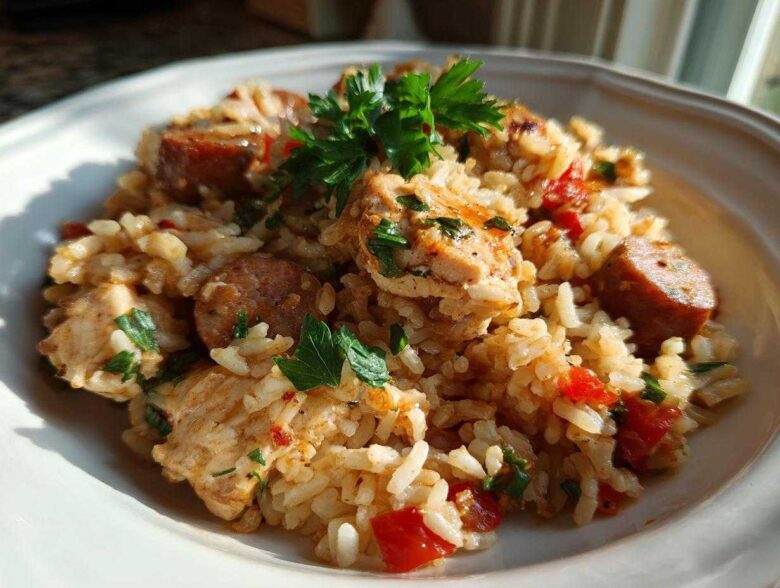 A close-up of a bowl filled with One-Pot Chicken Jambalaya, featuring rice, chicken, sausage slices, and parsley garnish.