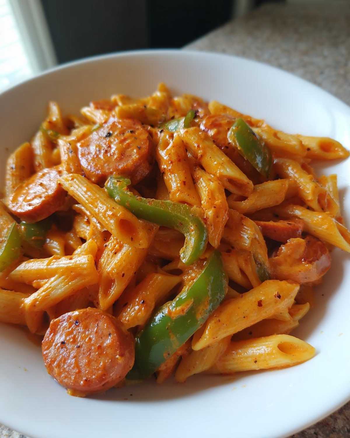 A close-up view of One-Pot Creamy Cajun Sausage Pasta featuring penne, sliced sausage, and green bell peppers in a rich sauce.