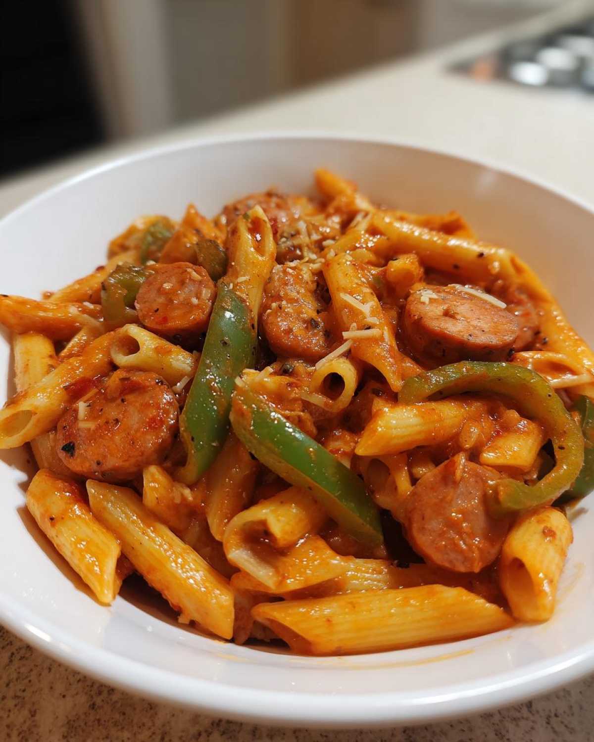 A close-up of a white bowl filled with One-Pot Creamy Cajun Sausage Pasta, featuring penne, sausage slices, and green bell peppers.