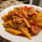 Close-up of a white bowl filled with One-Pot Creamy Cajun Sausage Pasta, featuring penne, sliced sausage, and peppers.