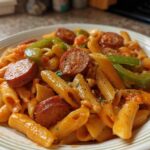 A close-up of a bowl filled with One-Pot Creamy Cajun Sausage Pasta, featuring penne, sliced sausage, and green bell peppers.
