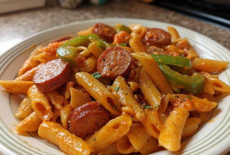 A close-up of a bowl filled with One-Pot Creamy Cajun Sausage Pasta, featuring penne, sliced sausage, and green bell peppers.
