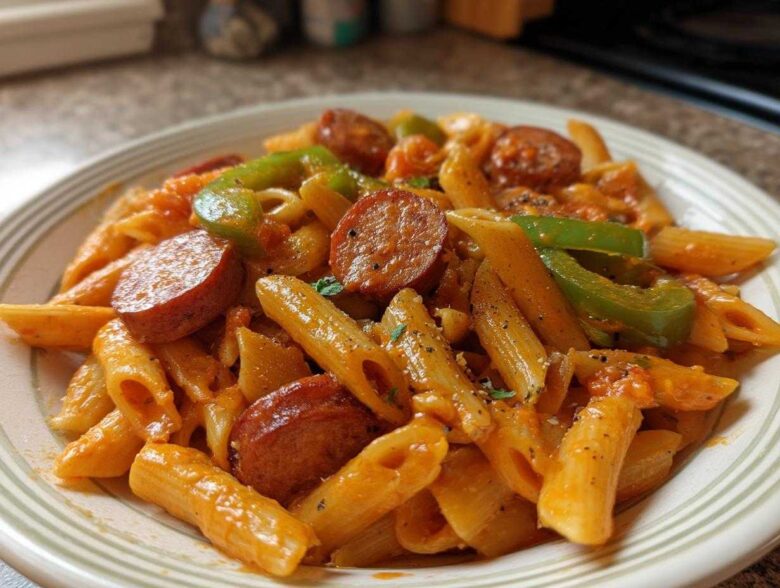 A close-up of a bowl filled with One-Pot Creamy Cajun Sausage Pasta, featuring penne, sliced sausage, and green bell peppers.