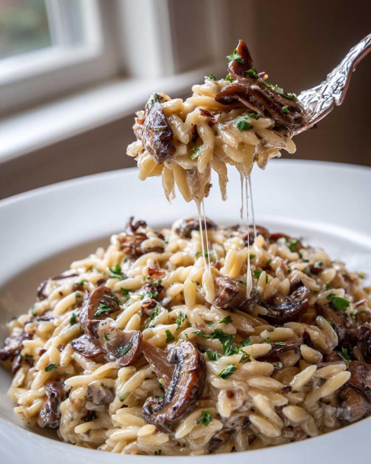 A fork lifts a cheesy bite of One-Pot Creamy Mushroom Orzo, showing long cheese pulls over the main dish.