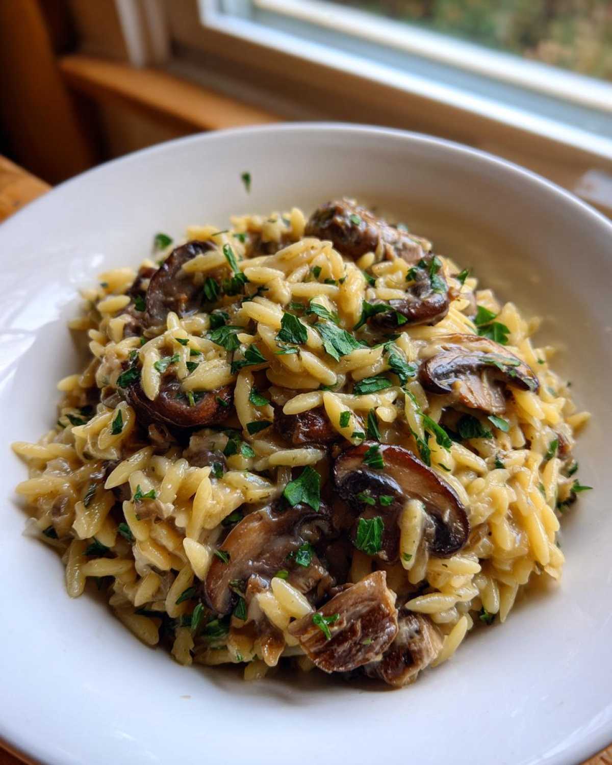 A close-up of a white bowl filled with One-Pot Creamy Mushroom Orzo, topped with fresh parsley.