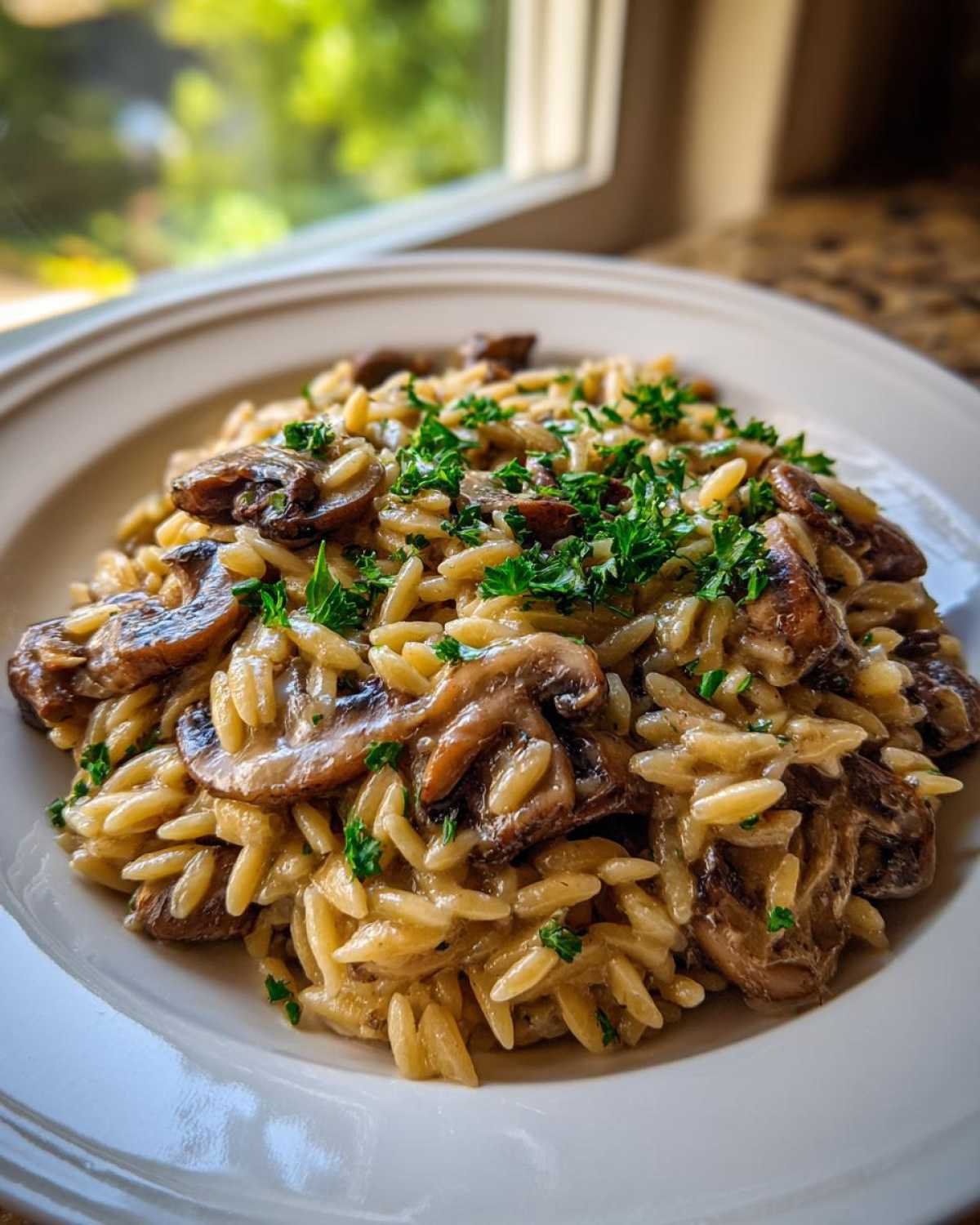 A serving of One-Pot Creamy Mushroom Orzo topped with sautéed mushrooms and fresh parsley on a white plate.