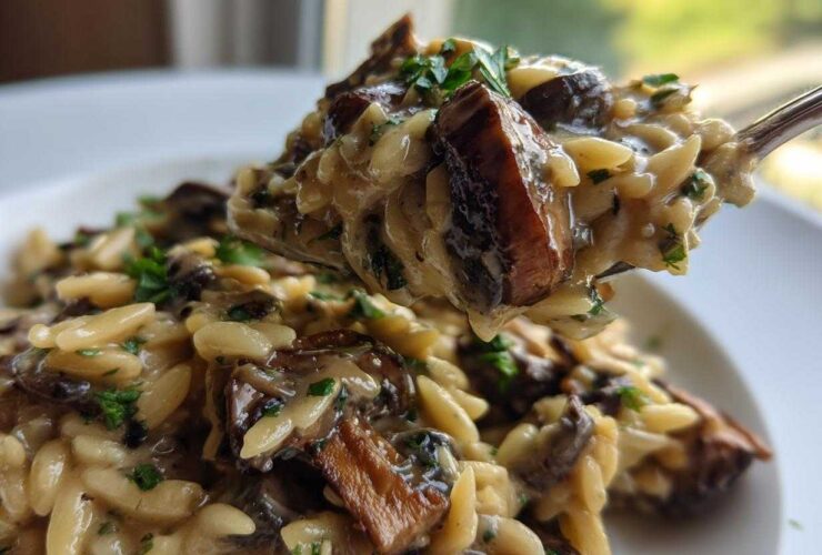 A spoonful of creamy One-Pot Creamy Mushroom Orzo, rich with brown mushrooms and parsley garnish.
