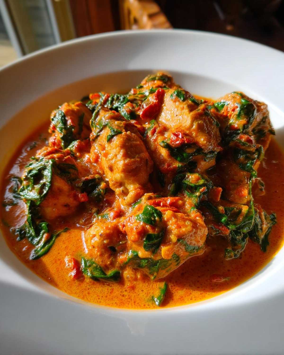 Close-up of tender chicken pieces coated in a rich, creamy sun-dried tomato sauce with wilted spinach.