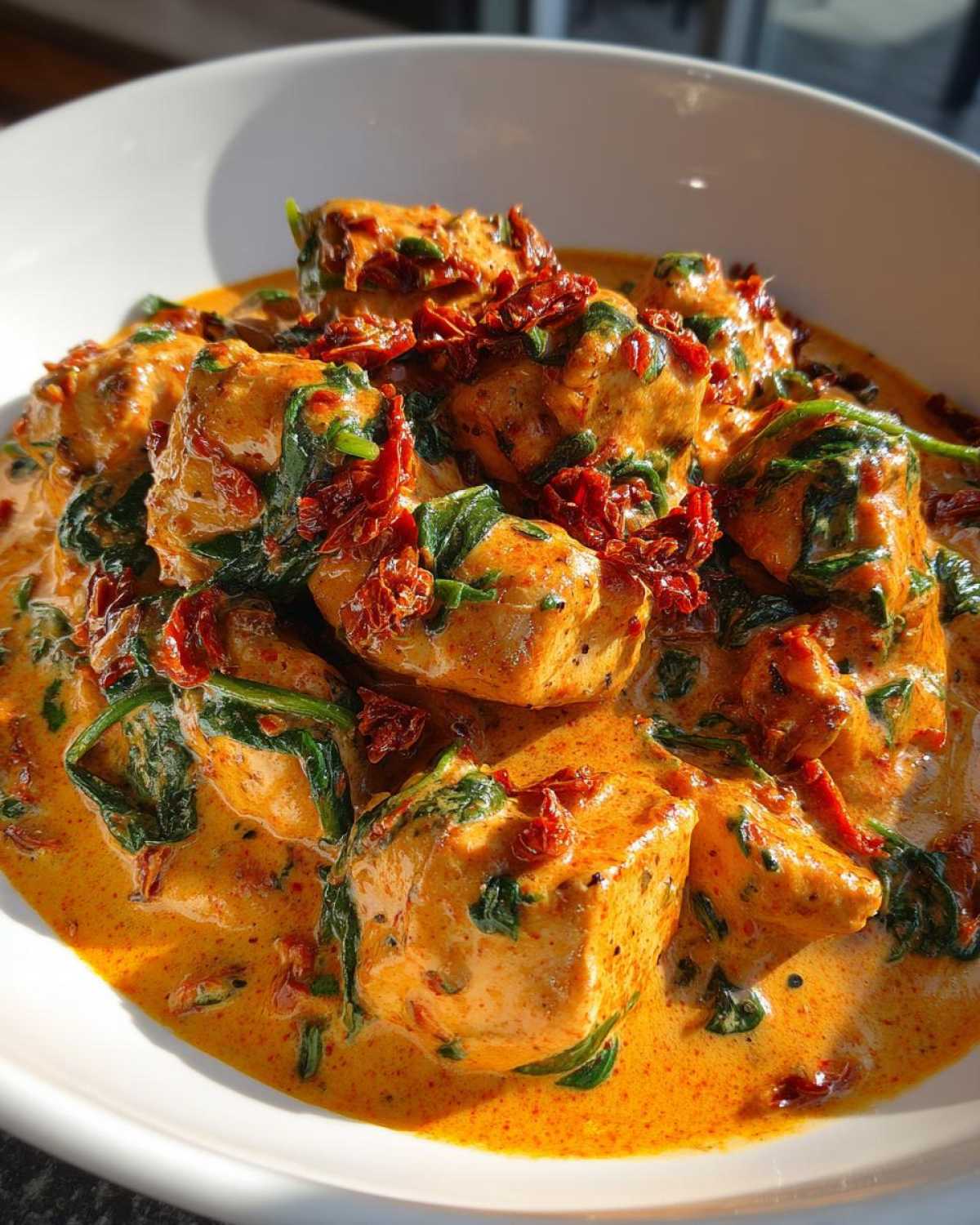 Chunks of chicken coated in a rich, orange-hued sauce with spinach and sun-dried tomatoes in a white bowl, featuring One-Pot Creamy Sun-Dried Tomato Chicken.