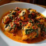 A close-up of tender chicken pieces coated in a rich, creamy, orange sauce with visible sun-dried tomatoes and spinach, representing the One-Pot Creamy Sun-Dried Tomato Chicken.