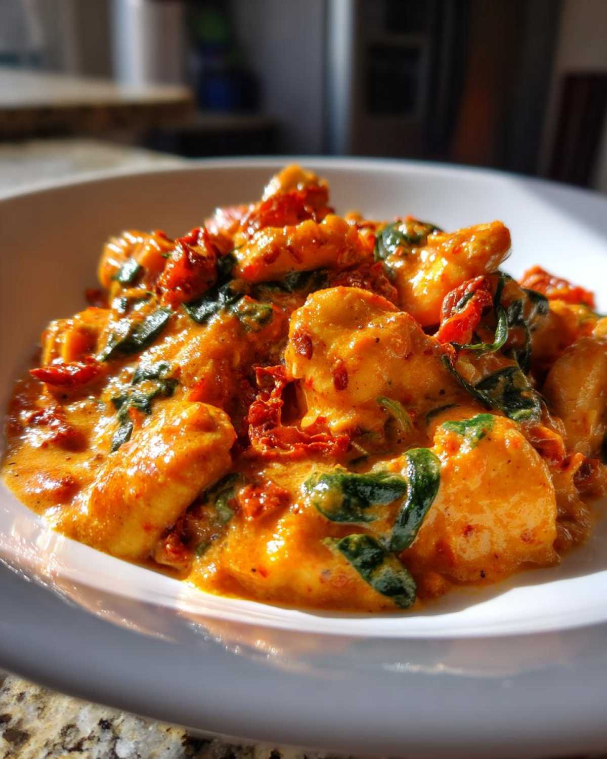 A close-up serving of One-Pot Creamy Sun-Dried Tomato Chicken in a white bowl, rich with orange sauce, spinach, and sun-dried tomatoes.