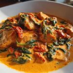 A close-up serving of One-Pot Creamy Sun-Dried Tomato Chicken featuring chunks of chicken, spinach, and sun-dried tomatoes in a rich orange sauce.