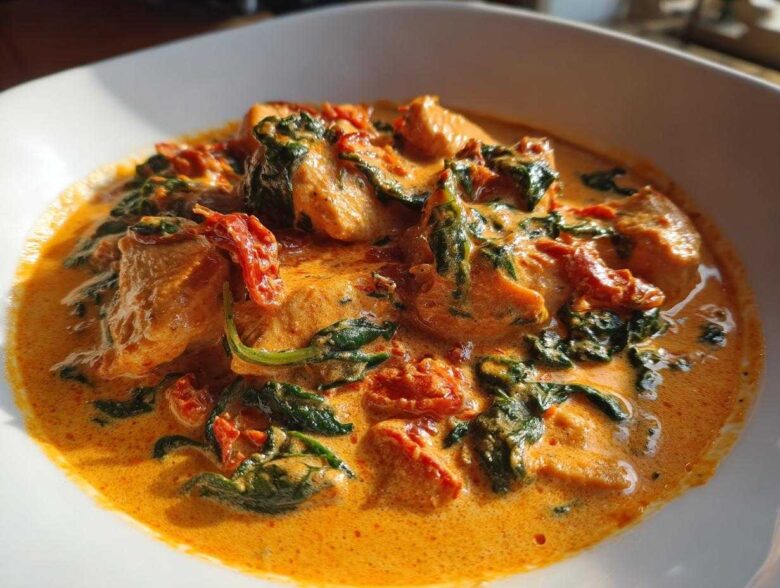 A close-up serving of One-Pot Creamy Sun-Dried Tomato Chicken featuring chunks of chicken, spinach, and sun-dried tomatoes in a rich orange sauce.