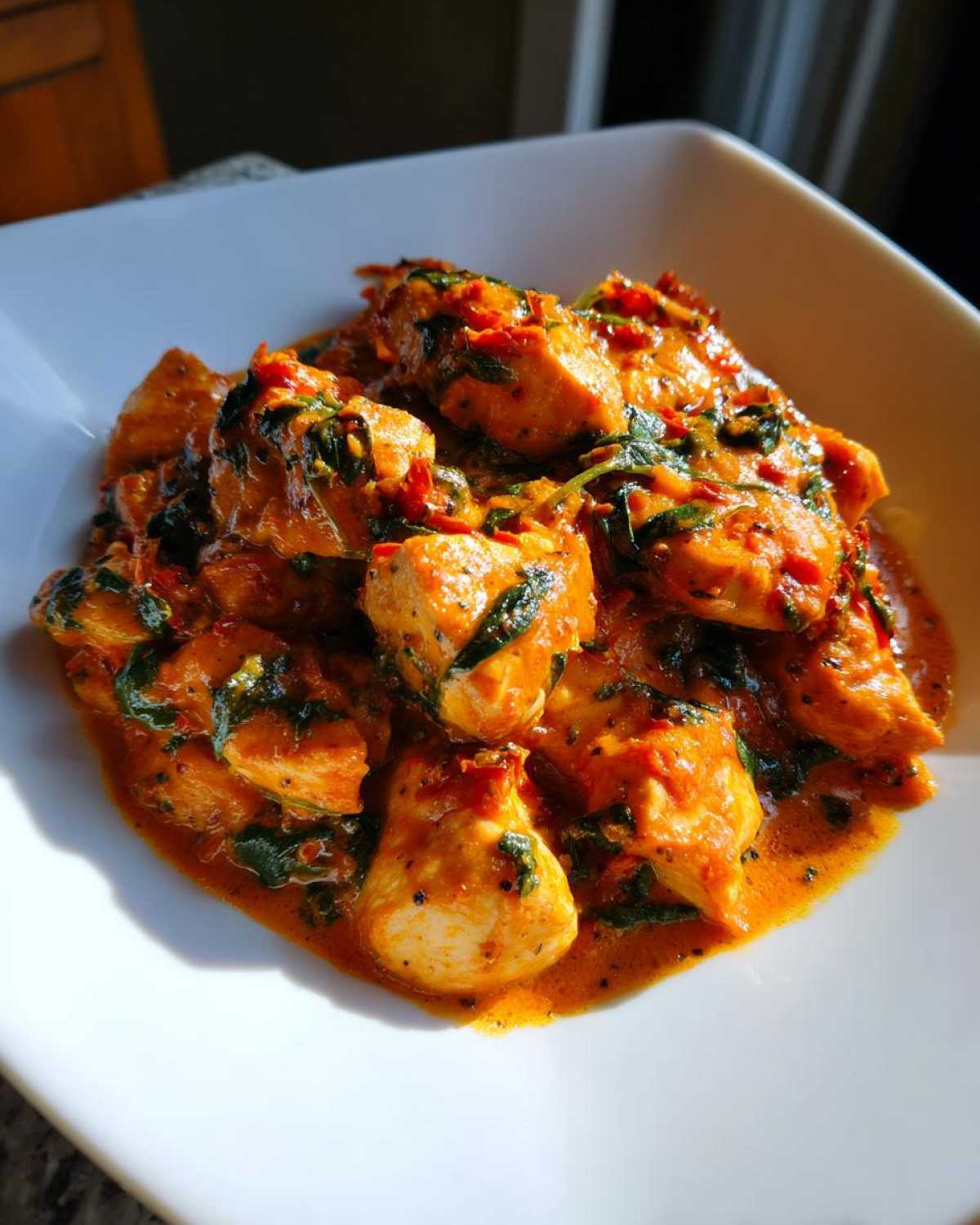 Close-up of tender chicken pieces coated in a rich, creamy sun-dried tomato sauce with spinach, ready to eat.