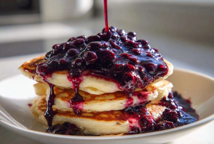 A stack of fluffy pancakes being generously topped with thick Homemade Blueberry Syrup and whole berries.