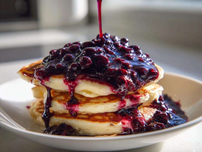 A stack of fluffy pancakes being generously topped with thick Homemade Blueberry Syrup and whole berries.