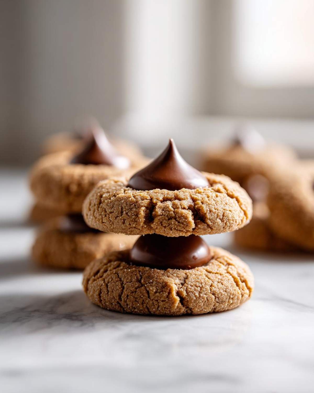 Close-up of two stacked Peanut Butter Blossom Cookies, each topped with a chocolate kiss, resting on a marble surface.