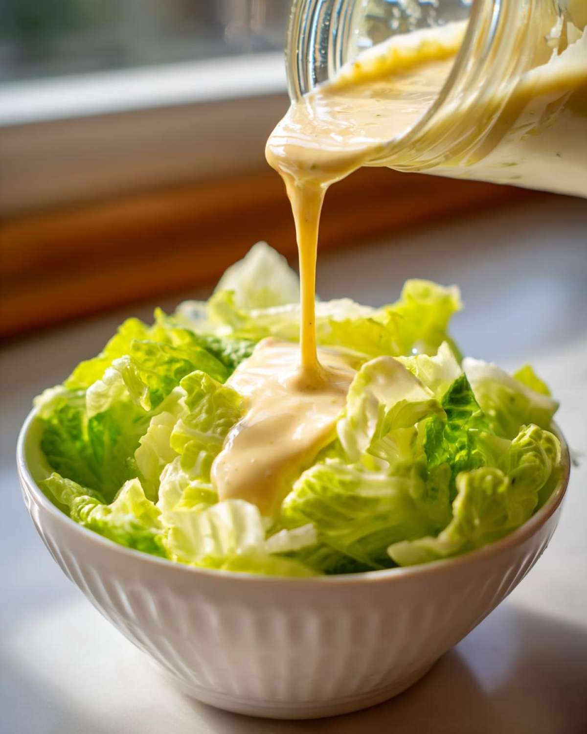 Close-up of creamy Copycat Olive Garden Salad Dressing being poured from a jar onto fresh romaine lettuce in a white bowl.