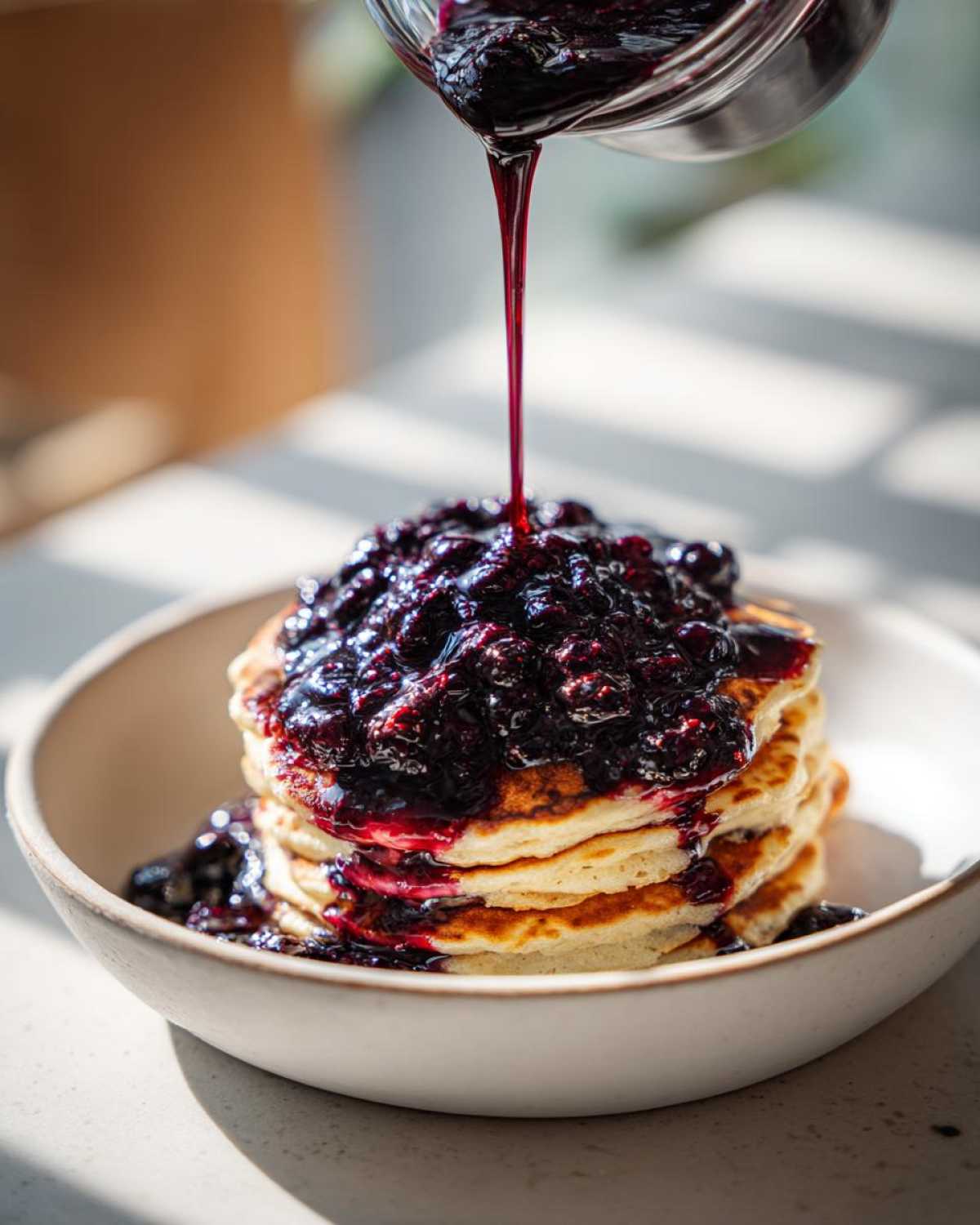 A stack of pancakes being generously topped with thick Homemade Blueberry Syrup being poured from a glass jar.