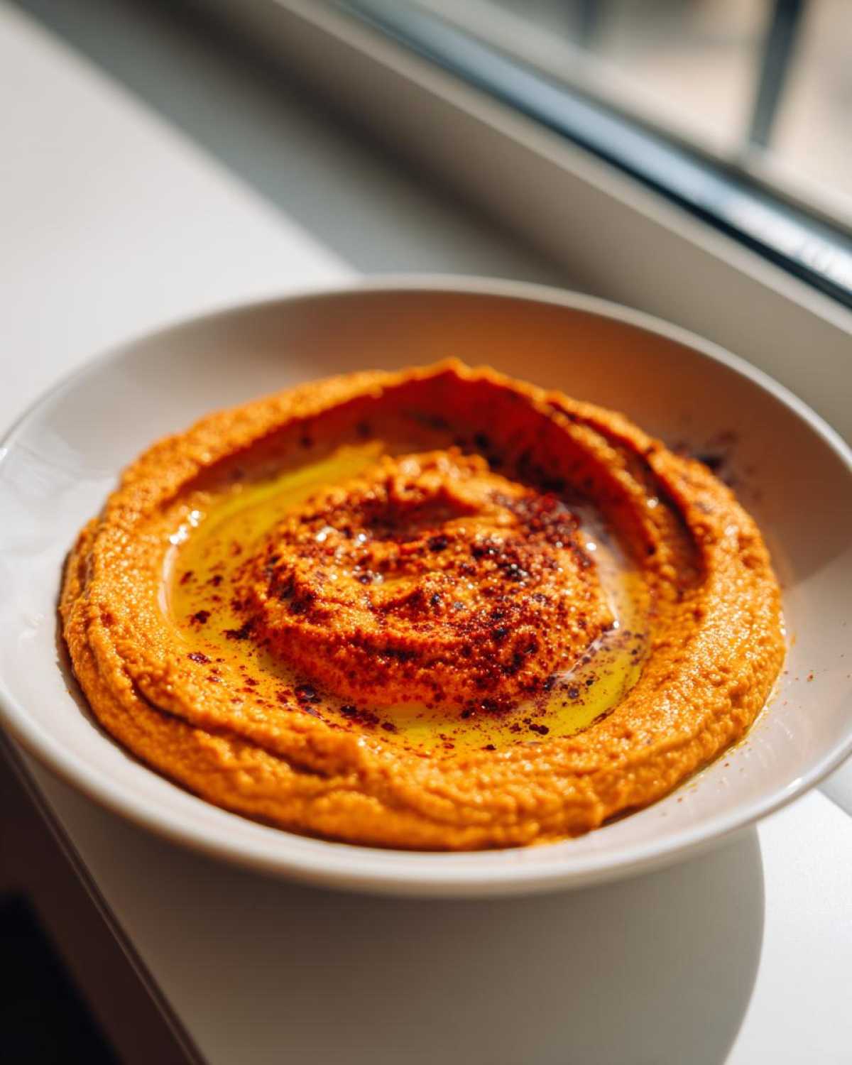 Close-up of vibrant orange Roasted Red Pepper Hummus swirled with olive oil and sprinkled with spices.