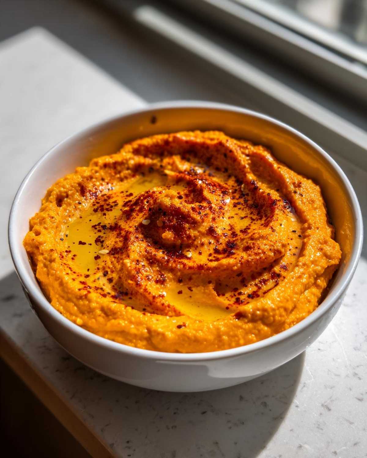 A close-up of vibrant orange Roasted Red Pepper Hummus swirled in a white bowl, topped with olive oil and paprika.
