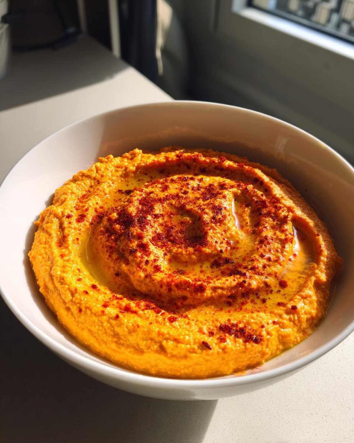 A close-up of vibrant orange Roasted Red Pepper Hummus swirled in a white bowl, drizzled with olive oil and paprika.