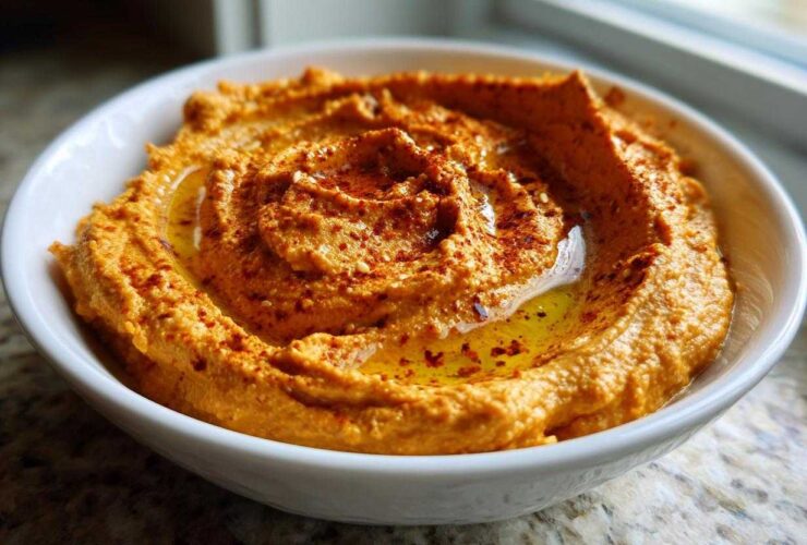 A close-up of creamy Roasted Red Pepper Hummus swirled in a white bowl, drizzled with olive oil and sprinkled with paprika.