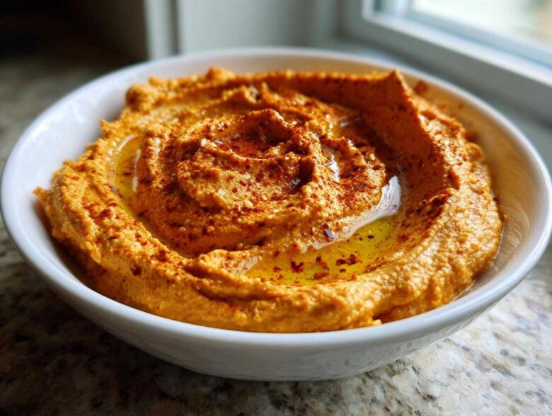 A close-up of creamy Roasted Red Pepper Hummus swirled in a white bowl, drizzled with olive oil and sprinkled with paprika.