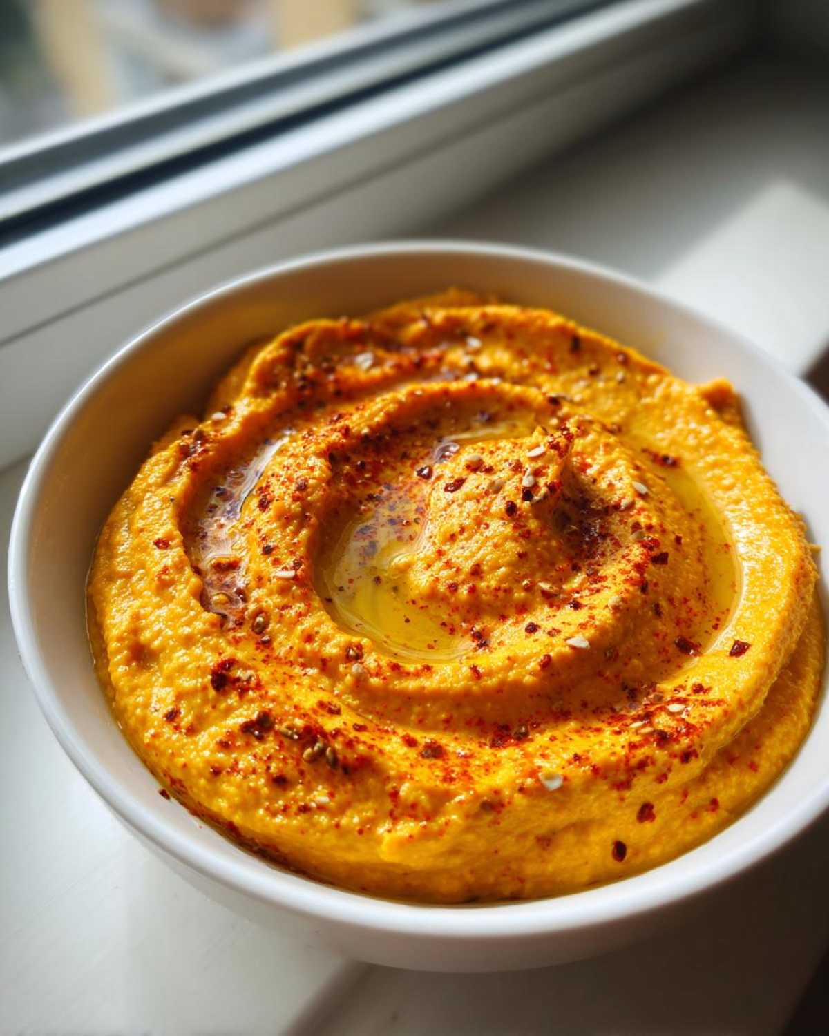 Close-up of vibrant orange Roasted Red Pepper Hummus swirled in a white bowl, drizzled with olive oil and sprinkled with paprika.