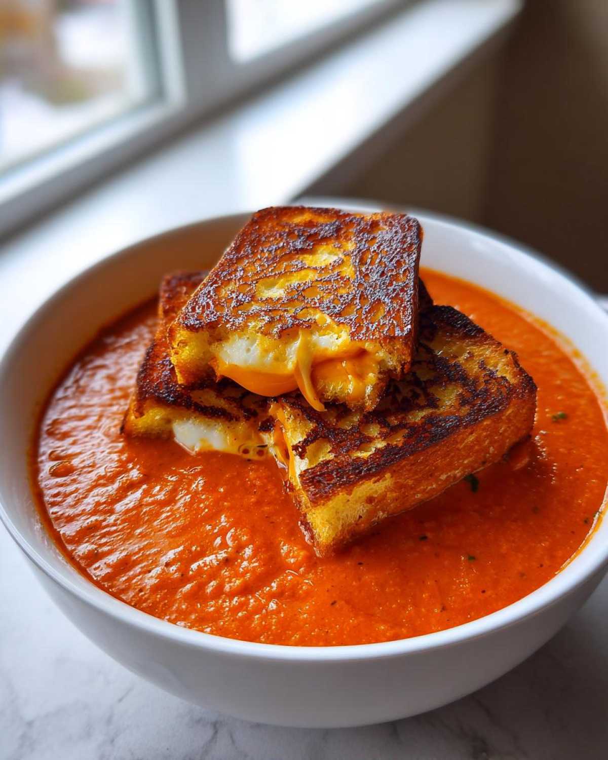 A white bowl filled with rich Roasted Tomato Basil Soup topped with crispy Grilled Cheese Croutons oozing melted cheese.