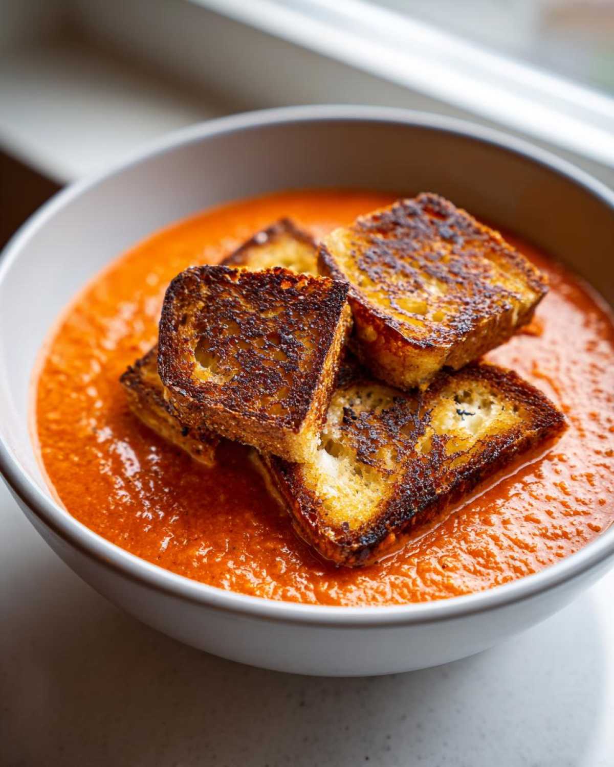 A bowl of vibrant Roasted Tomato Basil Soup topped with four perfectly browned grilled cheese croutons.