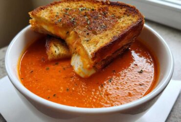 A white bowl filled with vibrant orange Roasted Tomato Basil Soup, topped with a grilled cheese sandwich cut into croutons.
