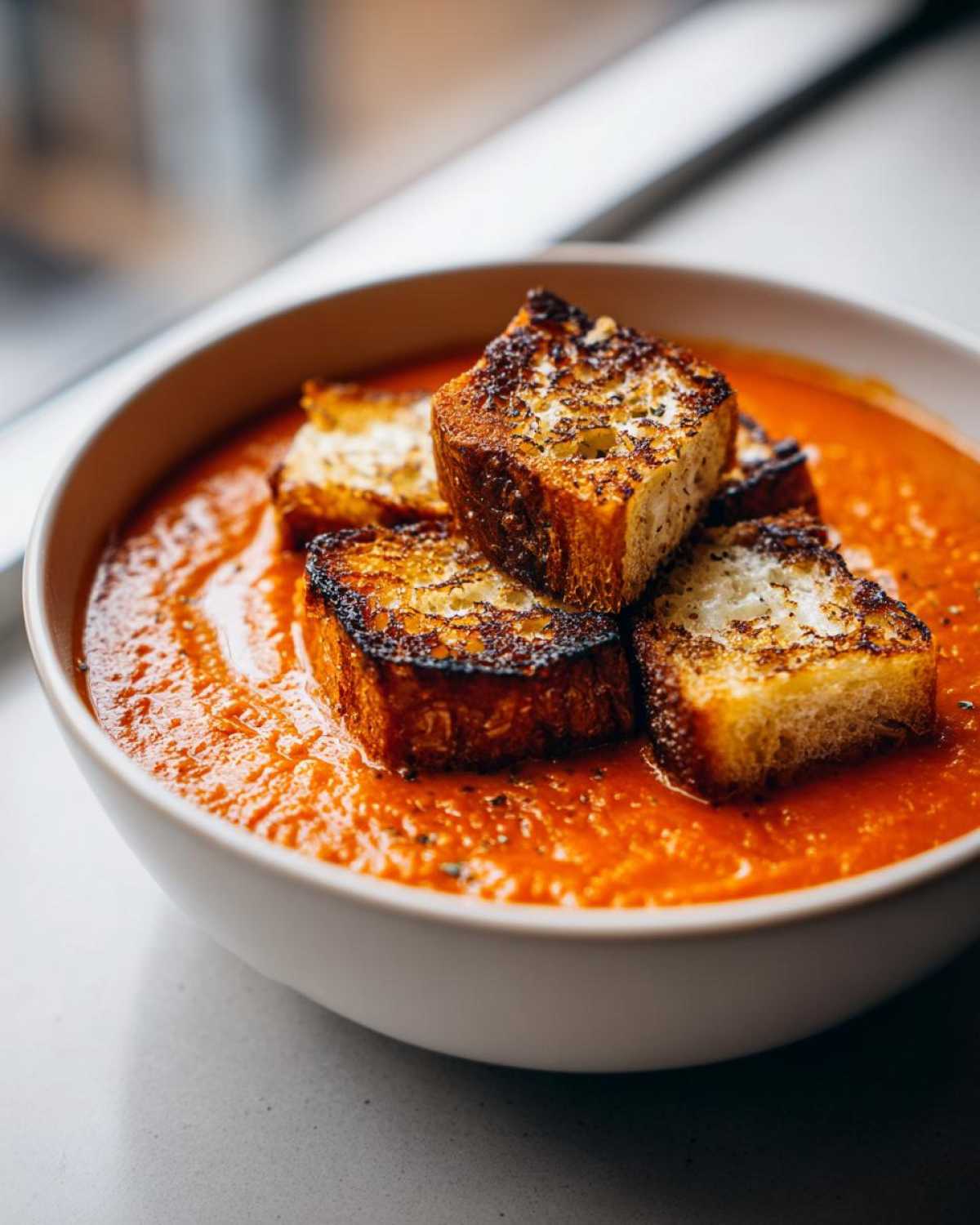 Close-up of a bowl of vibrant Roasted Tomato Basil Soup topped with crispy Grilled Cheese Croutons.