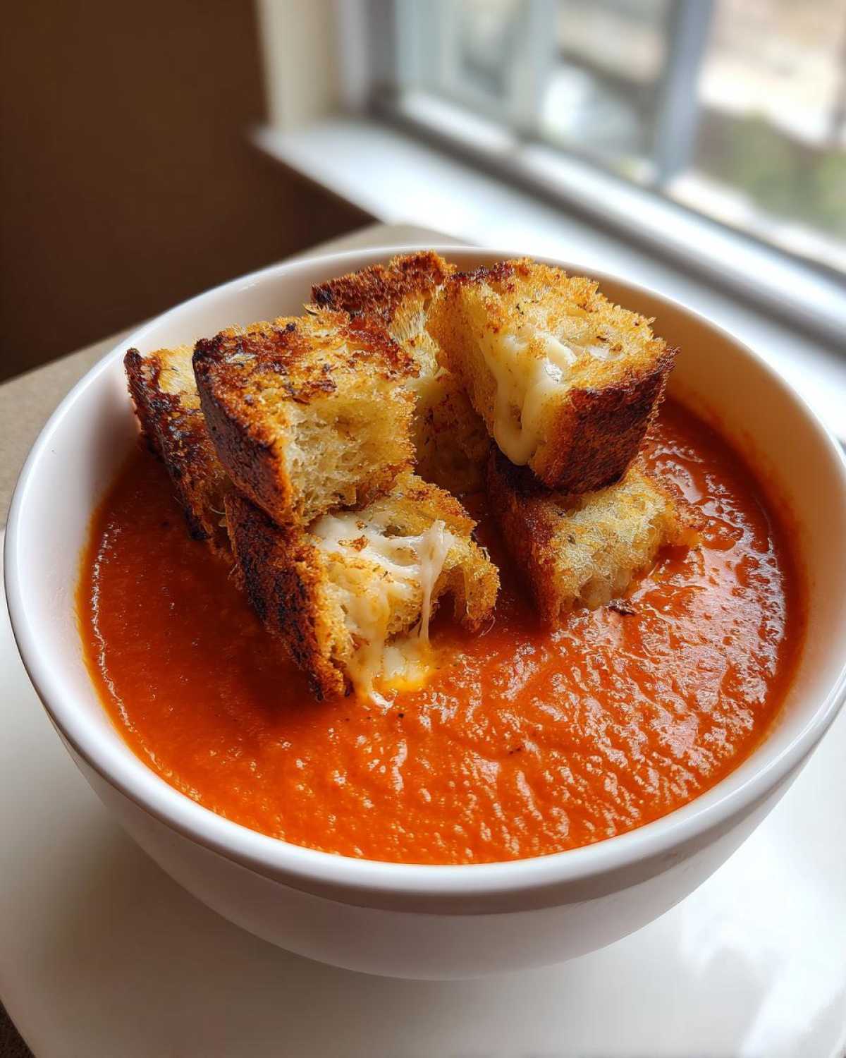 A white bowl filled with vibrant Roasted Tomato Basil Soup topped with cheesy Grilled Cheese Croutons.