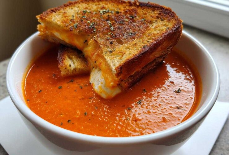 A white bowl filled with vibrant orange Roasted Tomato Basil Soup, topped with a grilled cheese sandwich cut into croutons.