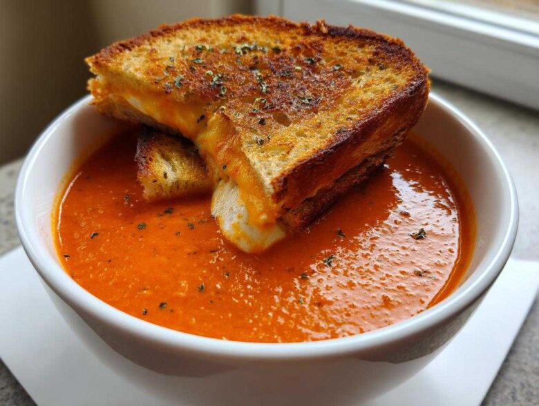 A white bowl filled with vibrant orange Roasted Tomato Basil Soup, topped with a grilled cheese sandwich cut into croutons.