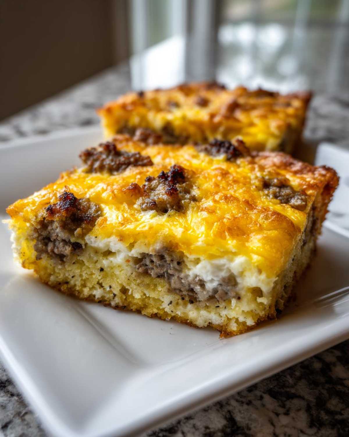 Close-up of a square slice of Tater Tot Breakfast Casserole featuring layers of tater tots, sausage, egg, and melted cheddar cheese.