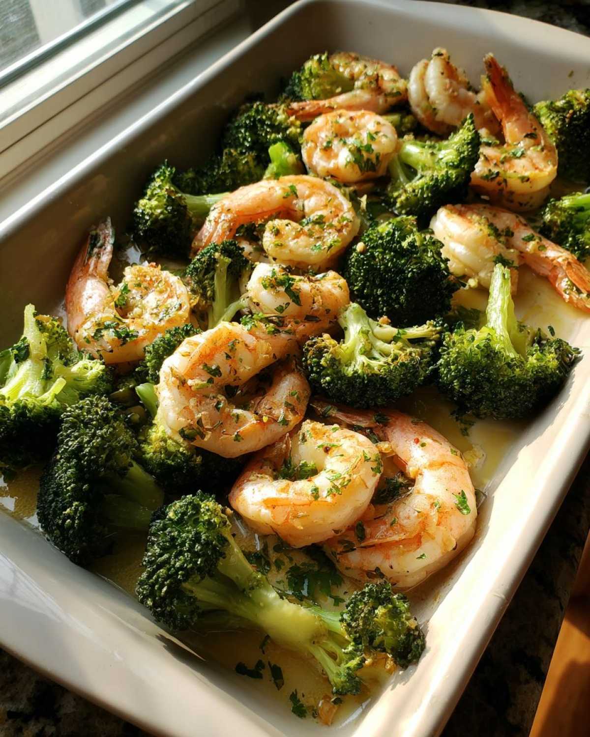 Cooked shrimp and broccoli florets coated in garlic butter sauce in a white sheet pan.