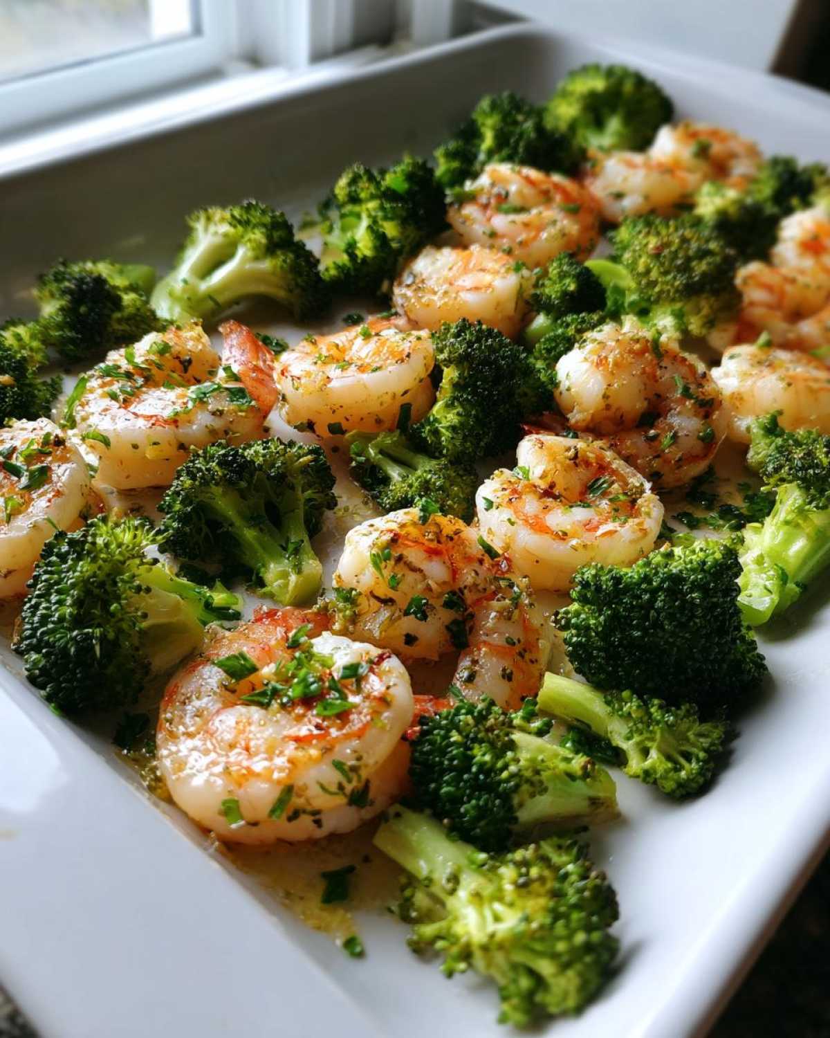 Close-up of cooked shrimp and bright green broccoli florets coated in garlic butter sauce.