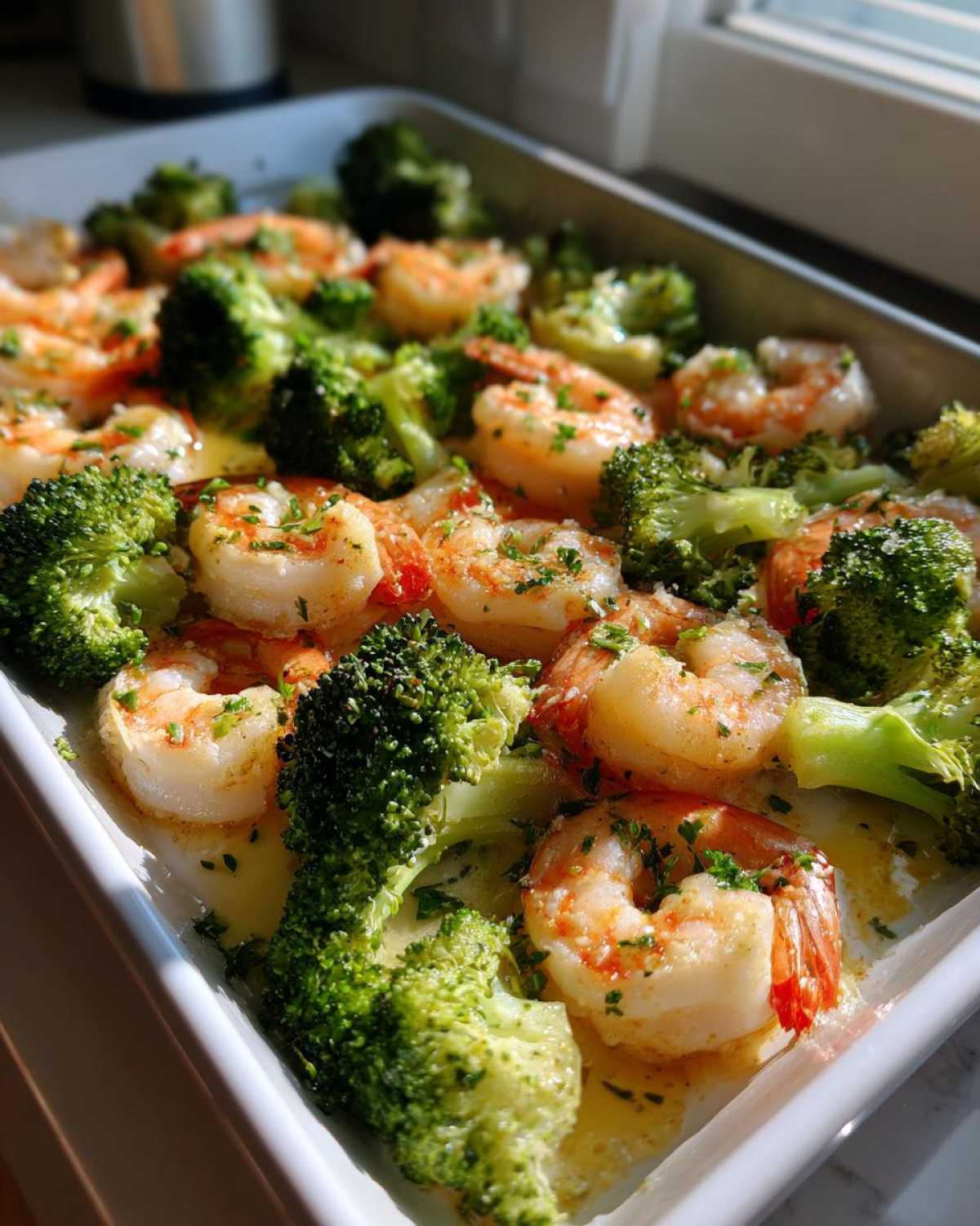 Close-up of Sheet Pan Garlic Butter Shrimp and Broccoli glistening in butter sauce, garnished with parsley.