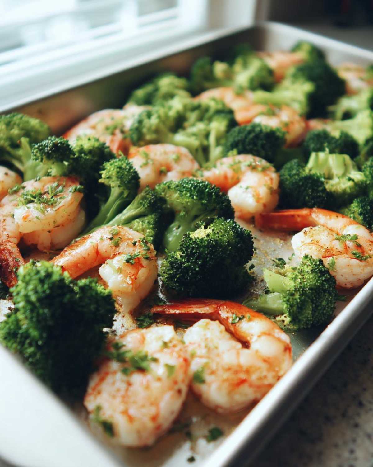 Close-up of Sheet Pan Garlic Butter Shrimp and Broccoli seasoned with herbs on a baking sheet.