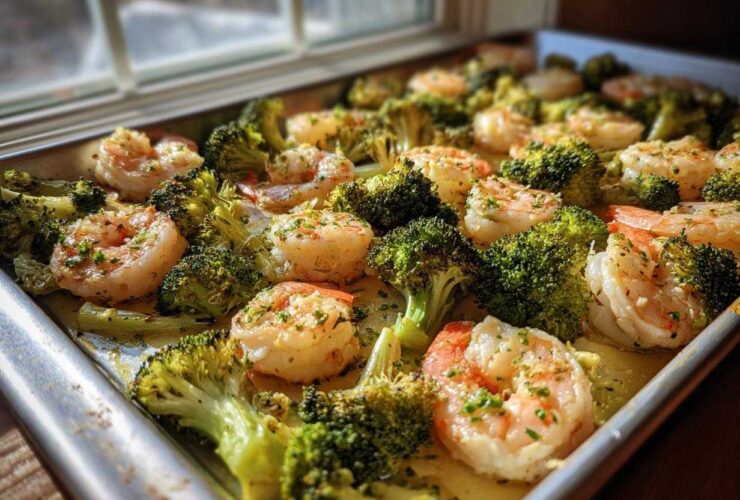Close-up of Sheet Pan Garlic Butter Shrimp and Broccoli seasoned with herbs on a metal baking sheet.