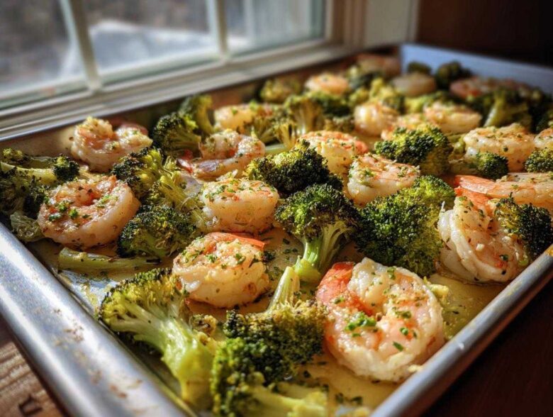 Close-up of Sheet Pan Garlic Butter Shrimp and Broccoli seasoned with herbs on a metal baking sheet.